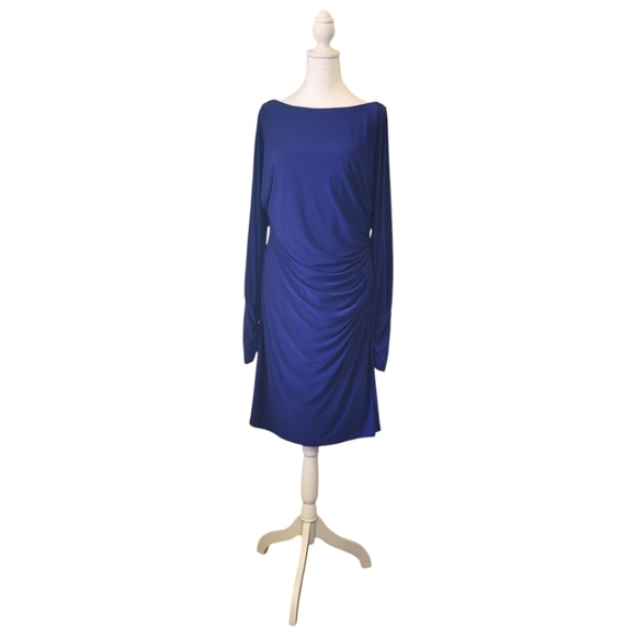 Lauren Ralph Lauren Evening Blue Long Sleeve Cold Shoulder Ruched Dress, 16 - Picture 1 of 12
